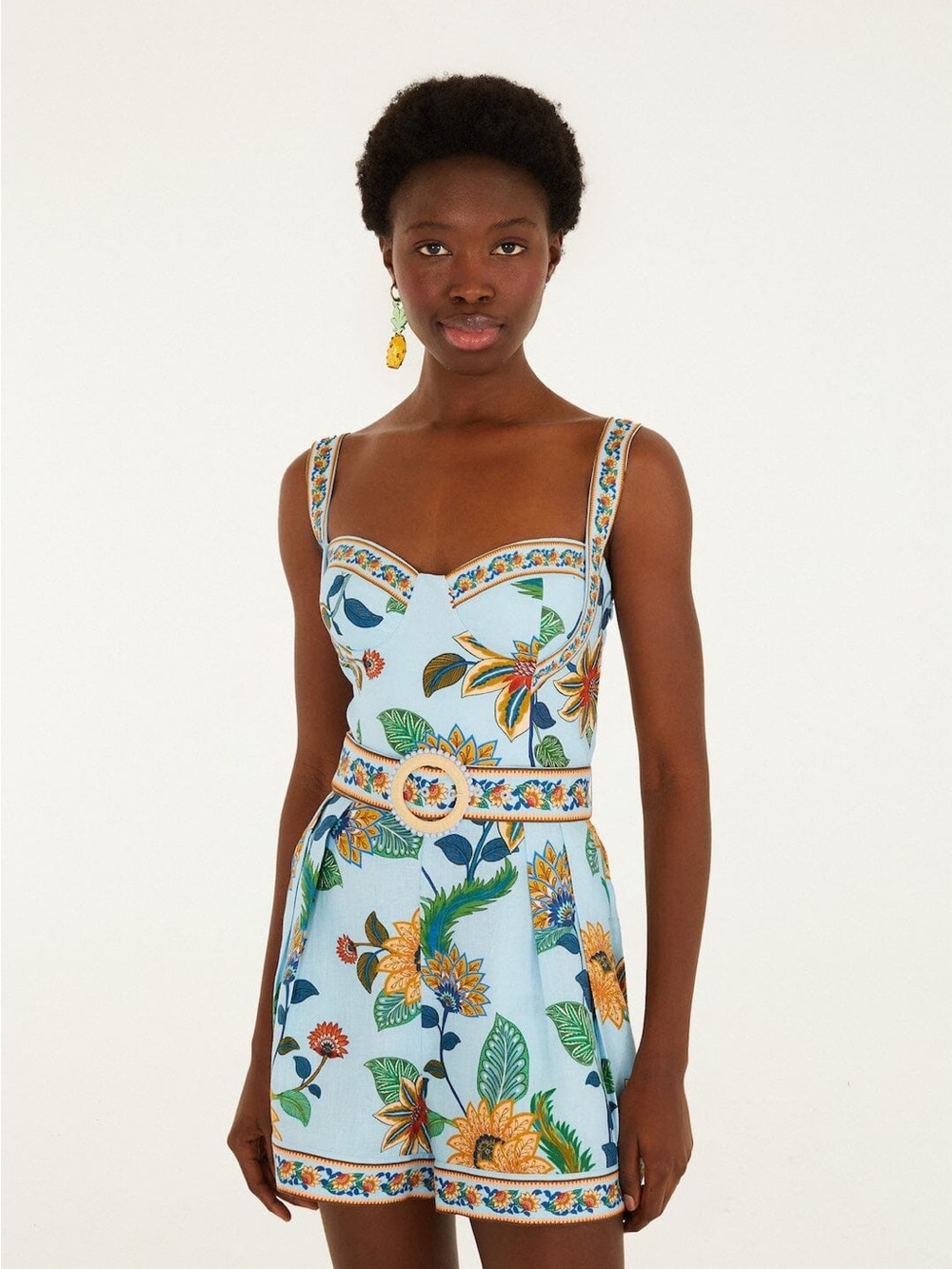 FARM Rio Light Blue Floral balconette  romper with Belt NWT size M - Picture 2 of 6